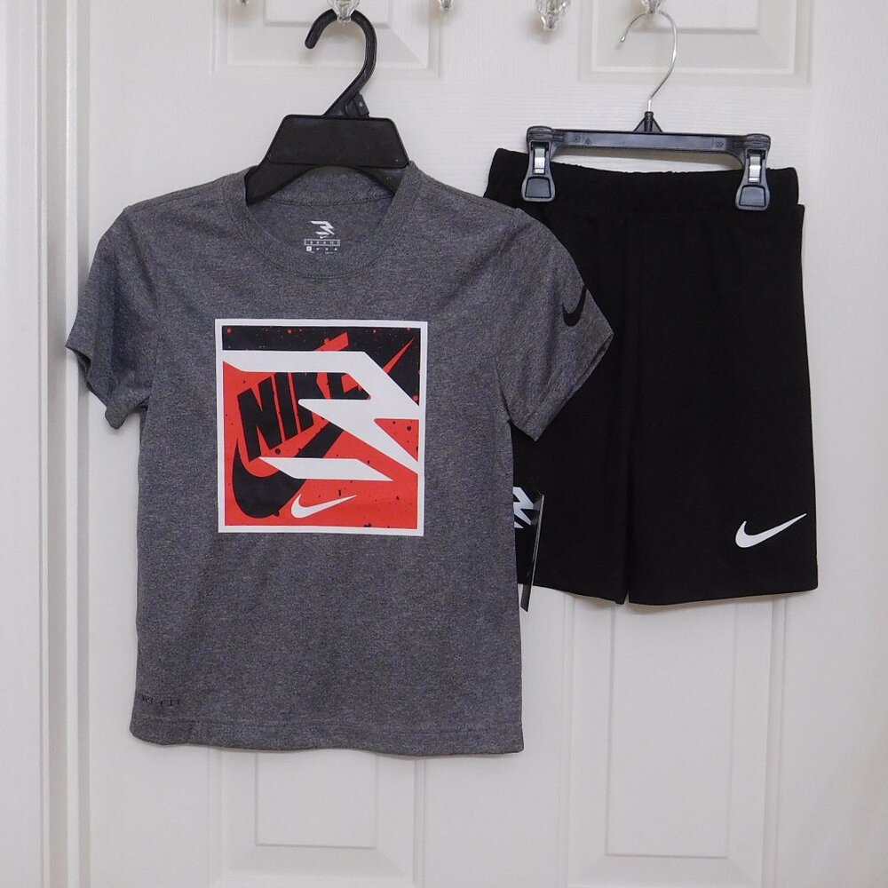 NWT 2pc Nike Gray Red Black Logo Shirt & Black Shorts Set sz 6